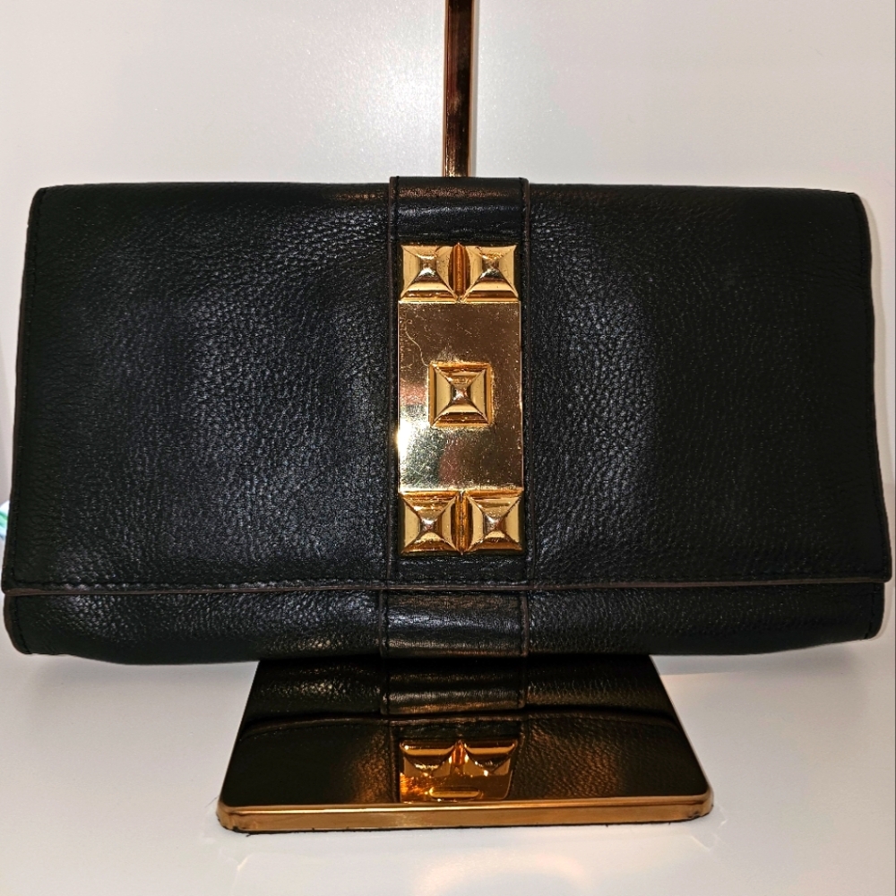Vince Camuto Black Leather Clutch with Gold Accents